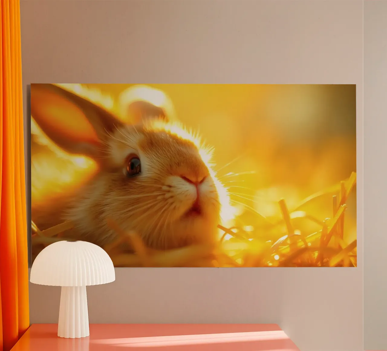 Una morbida luce dorata illumina un coniglio che riposa tra la paglia alluminio dibond da DesignDoodle
