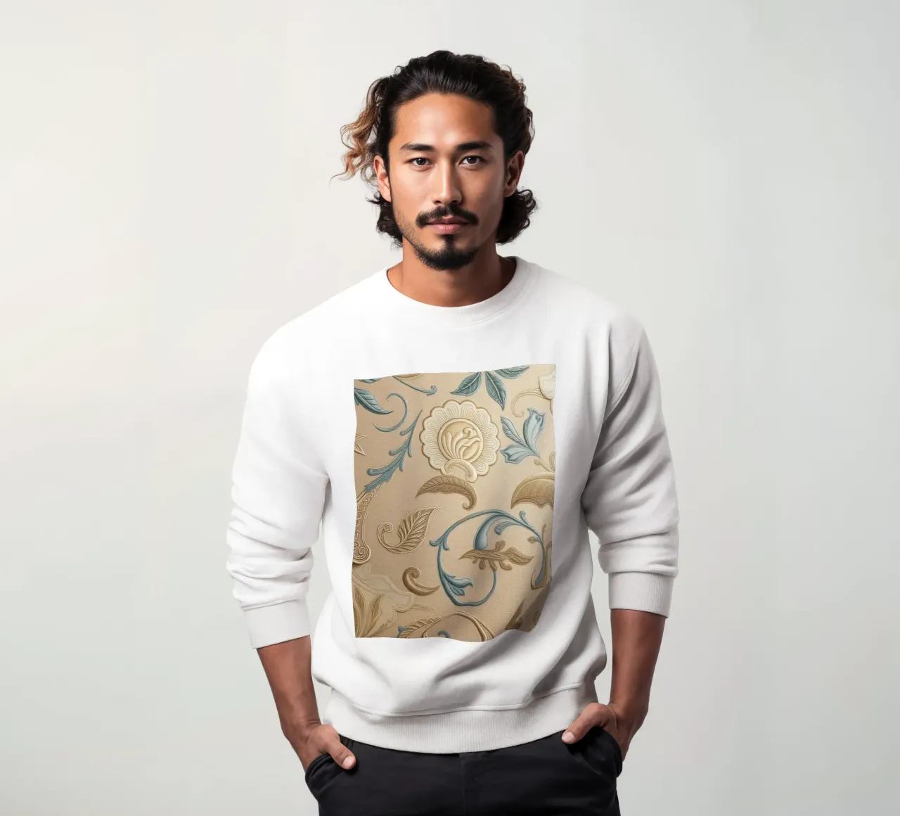 Elegant floral design in pastel tones adorns textured art sweatshirt by DesignDoodle