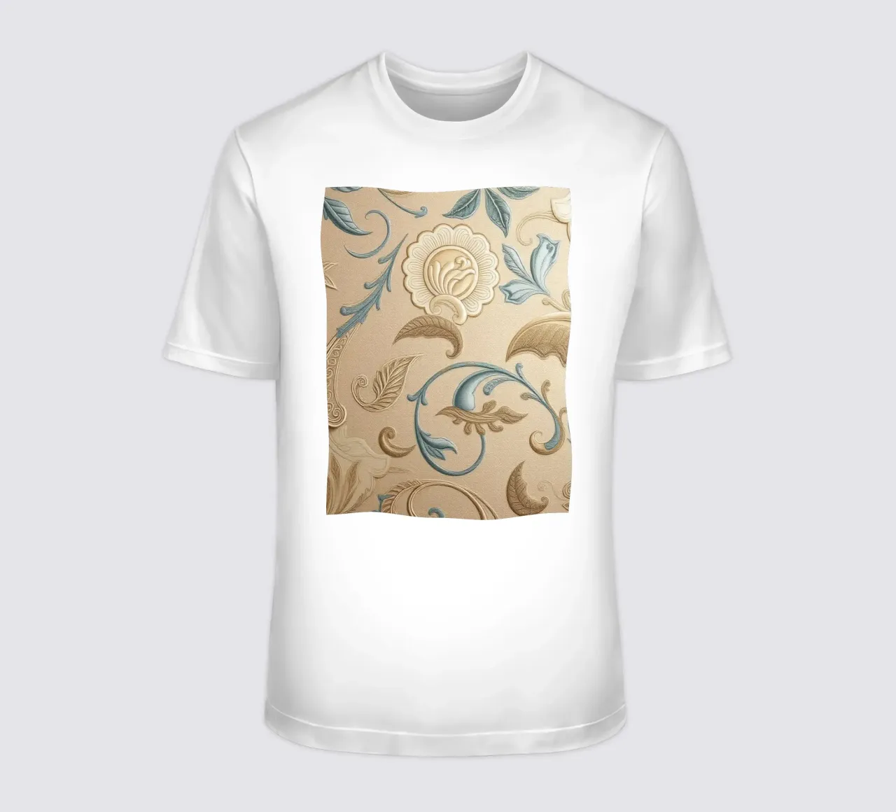Elegant floral design in pastel tones adorns textured art t-shirt by DesignDoodle