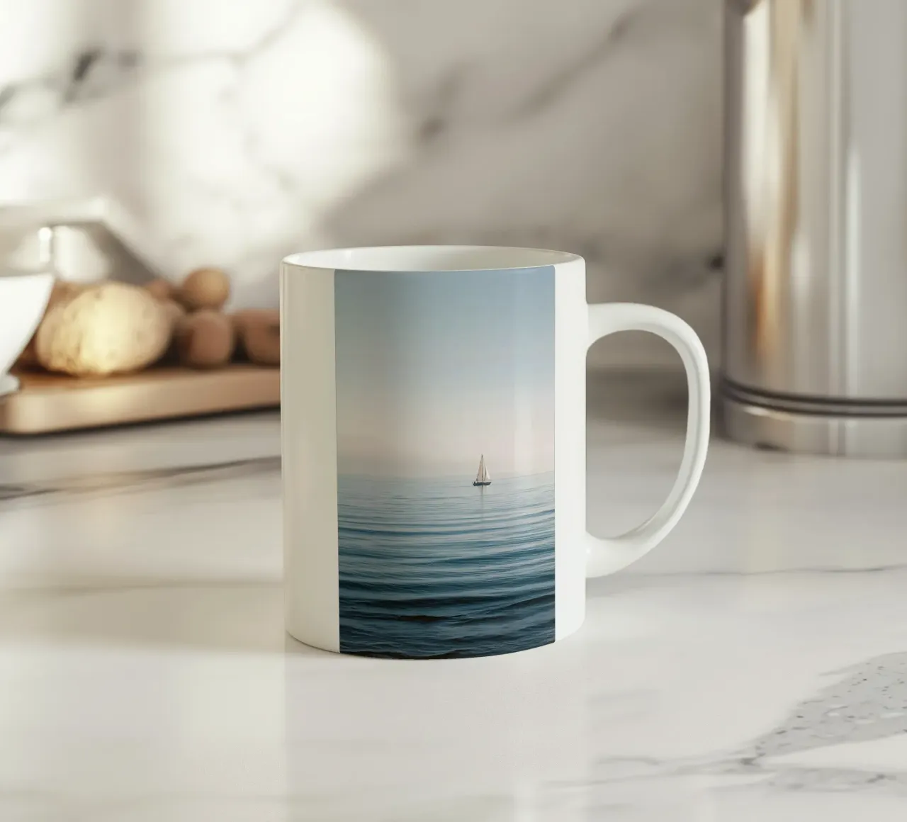 Minimalist Sailboat on Calm Ocean tazza in ceramica da Indigo Tides Art