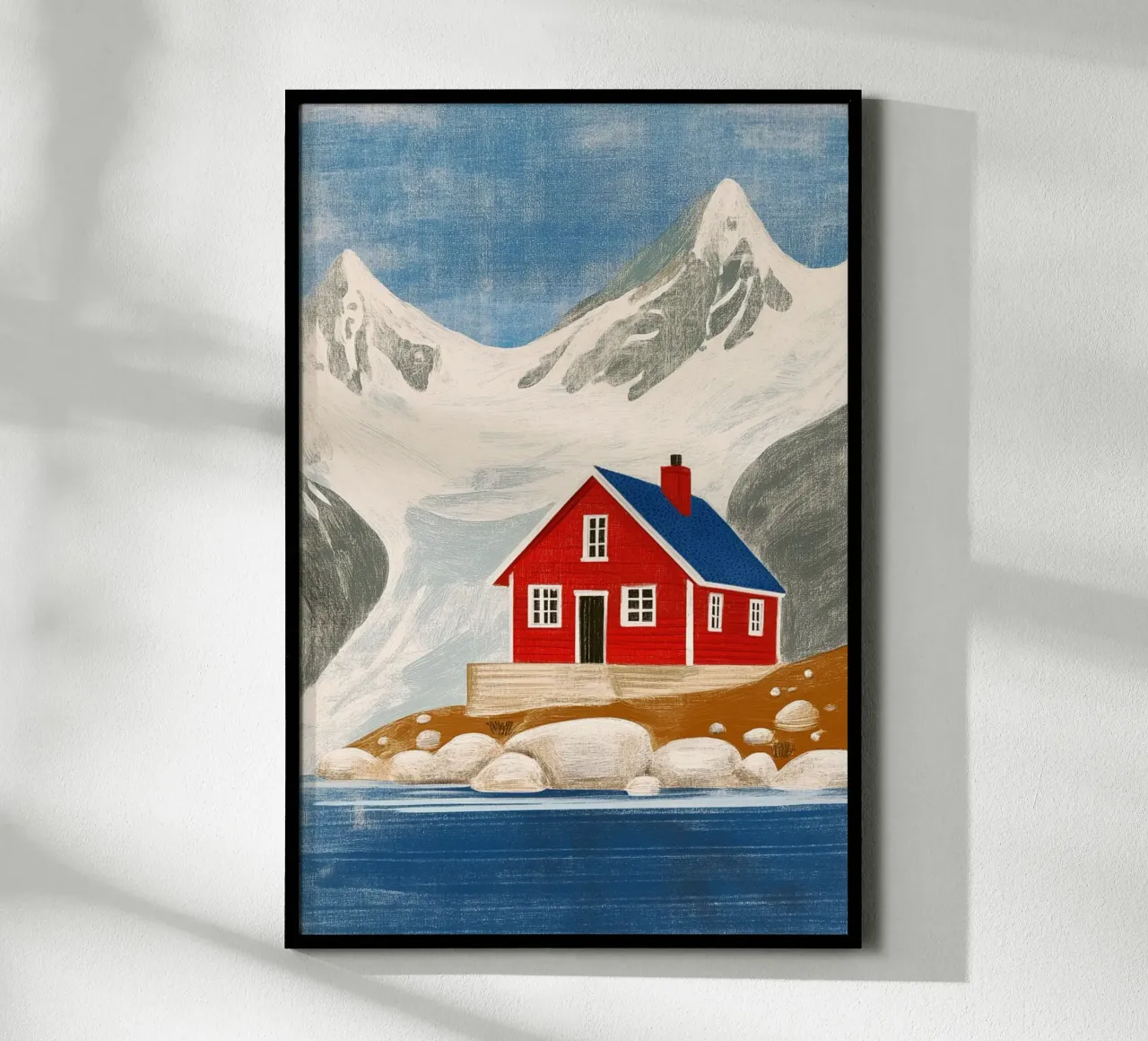 Rifugio sul lago del ghiacciaio poster con telaio in legno da Curious Canvas
