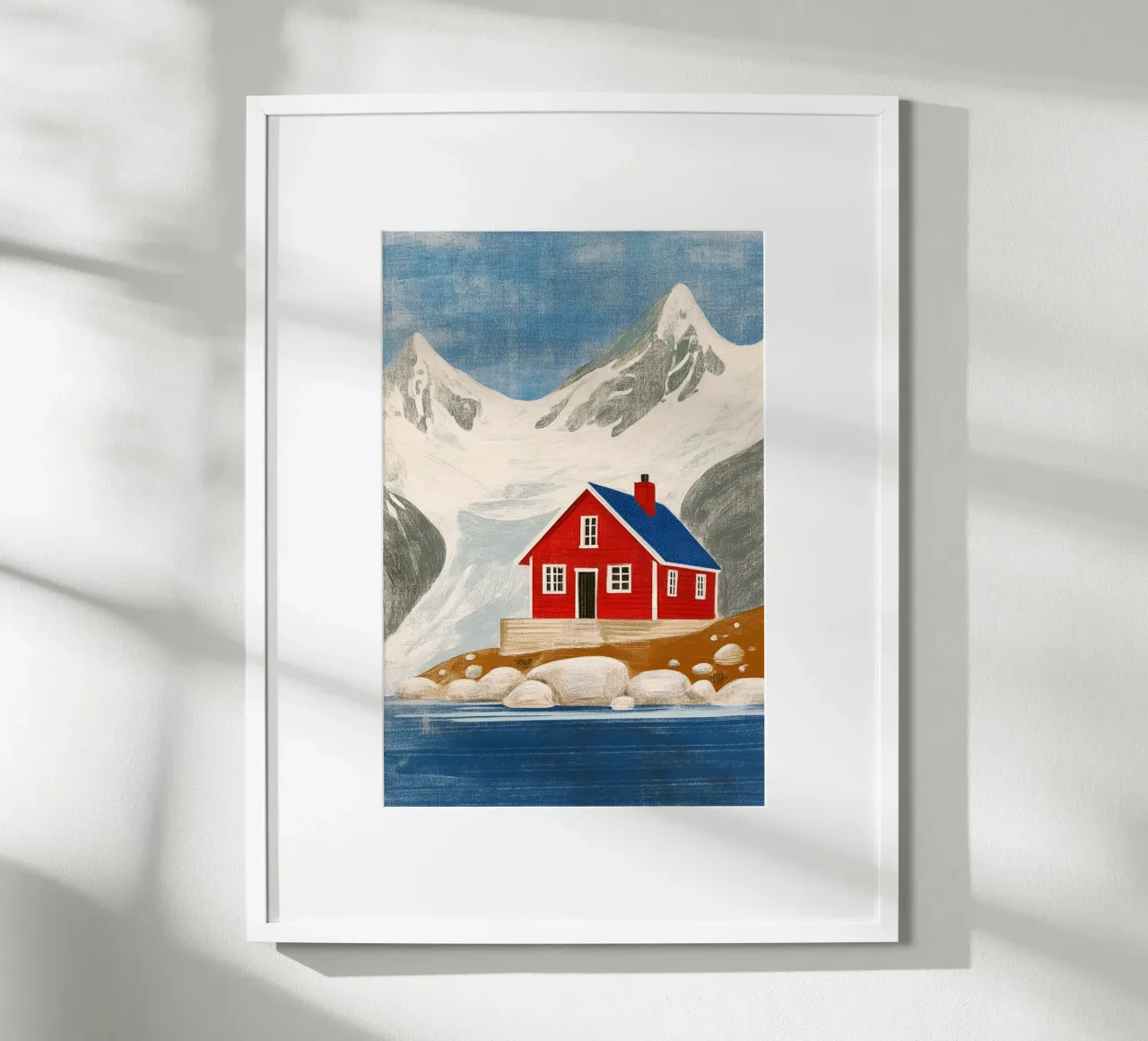 Rifugio sul lago del ghiacciaio poster con telaio in legno da Curious Canvas