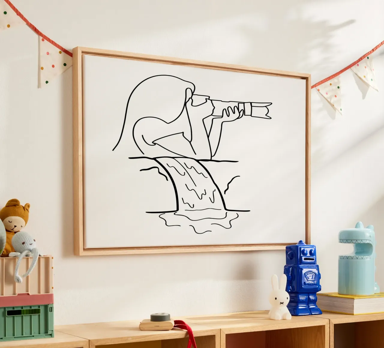 Line art: Chica fotografiada frente a una cascada lienzo con Marco flotante de StrindesignStudio