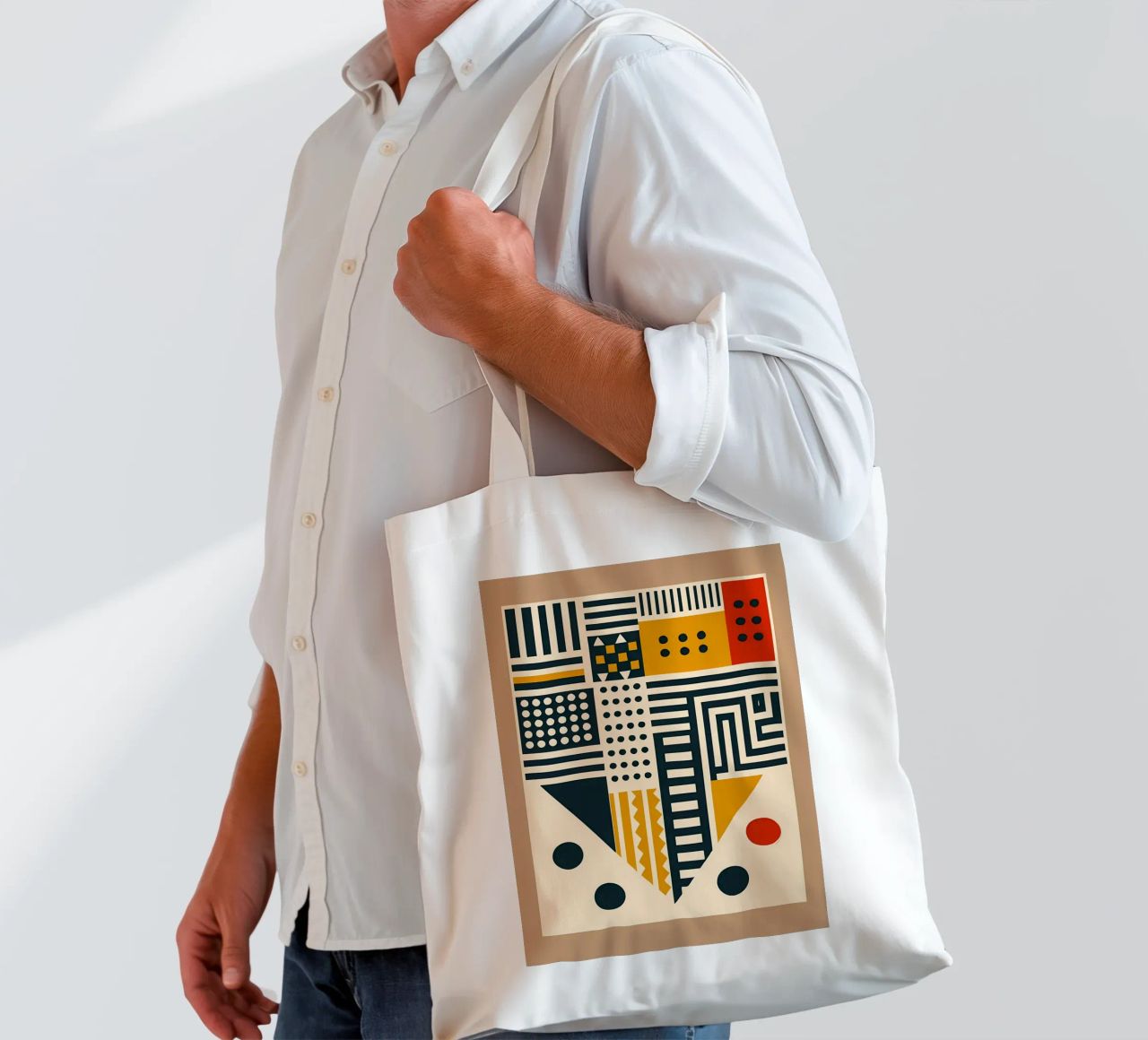 geometric shapes patterns triangles dots stripes rectangles tote bag by Ashish Kashyap