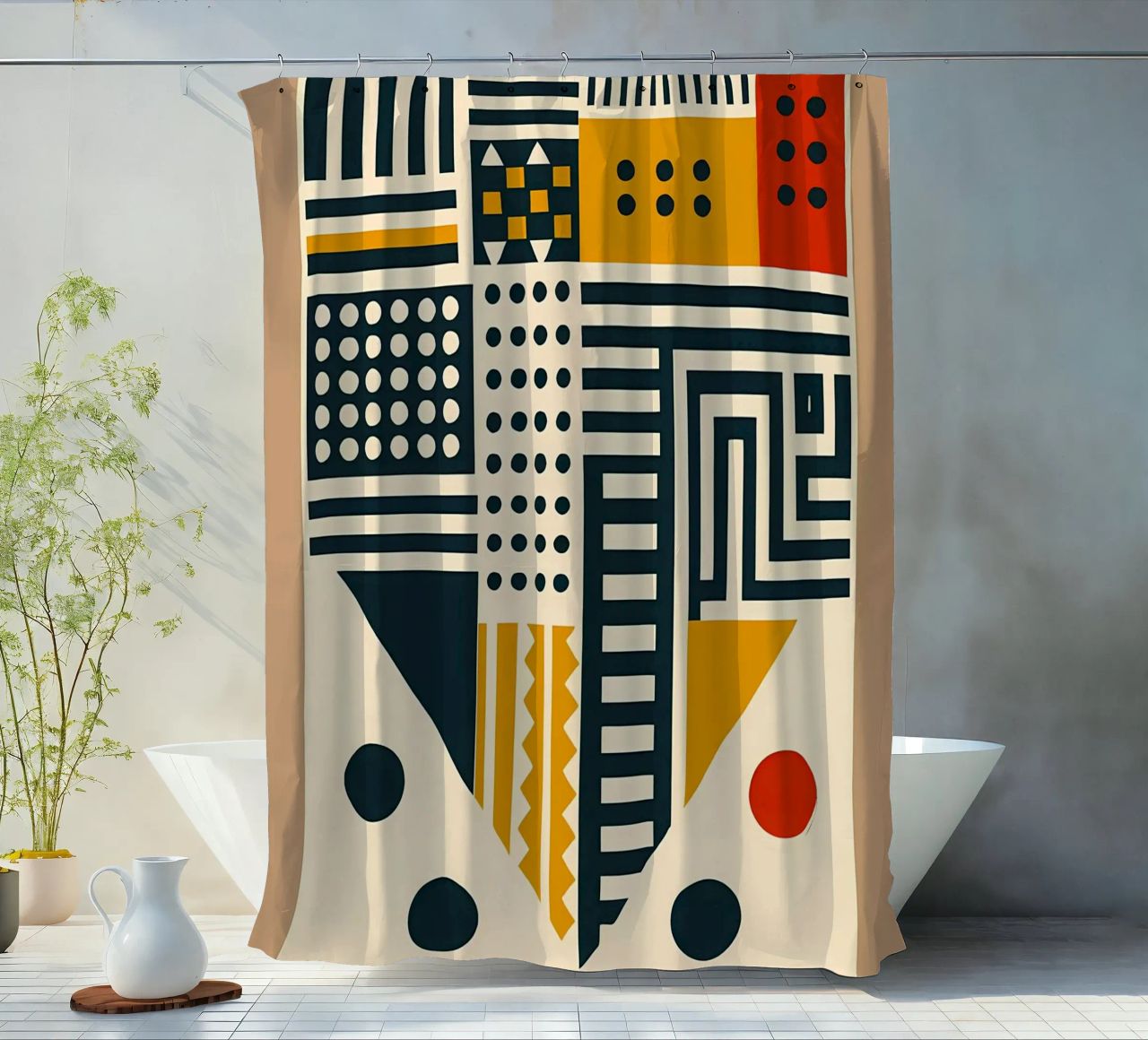 geometric shapes patterns triangles dots stripes rectangles shower curtain by Ashish Kashyap