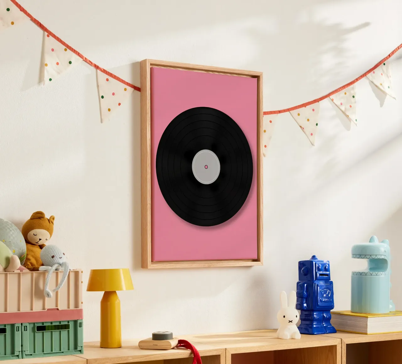 vinyl record music circular shape record grooves retro audio canvas with Floater frame by Ashish Kashyap