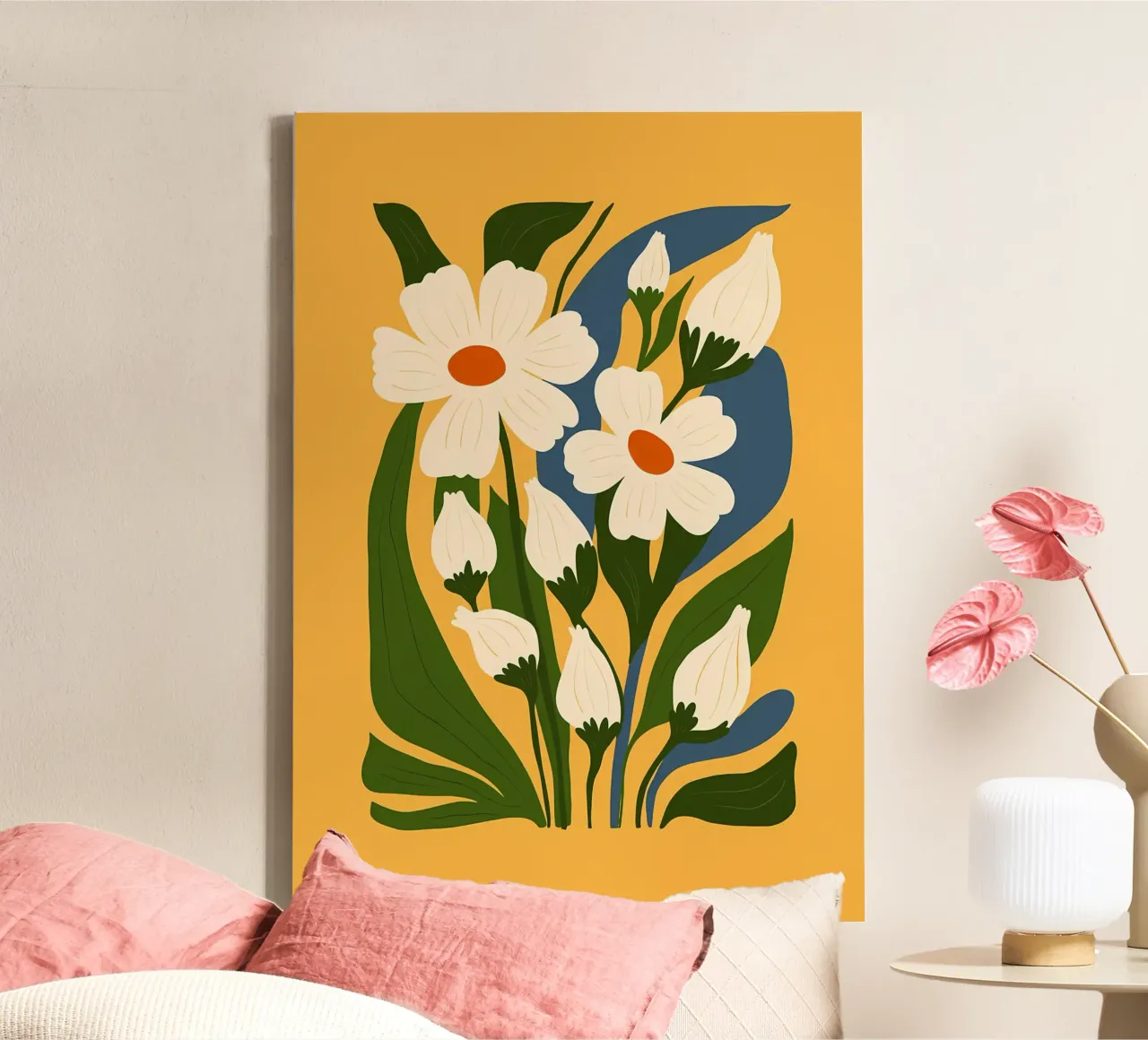 bloemen madeliefjes bloemblaadjes bladeren stengels knoppen natuur botanisch canvas van Ashish Kashyap