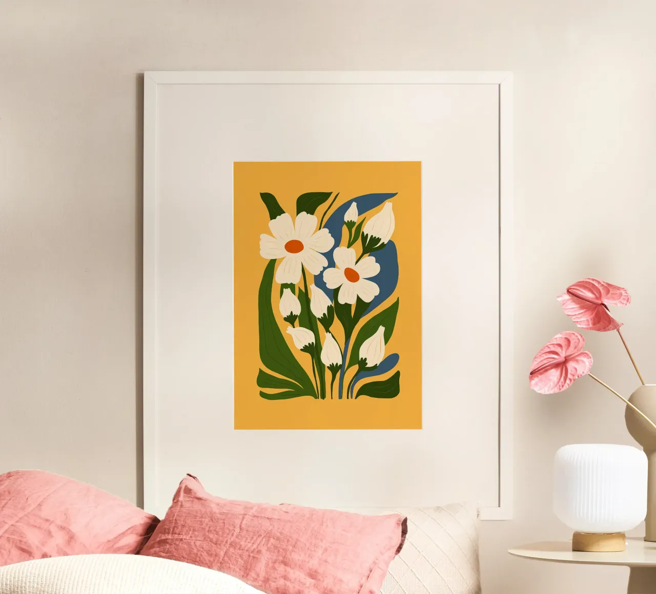 bloemen madeliefjes bloemblaadjes bladeren stengels knoppen natuur botanisch poster met aluminium frame van Ashish Kashyap