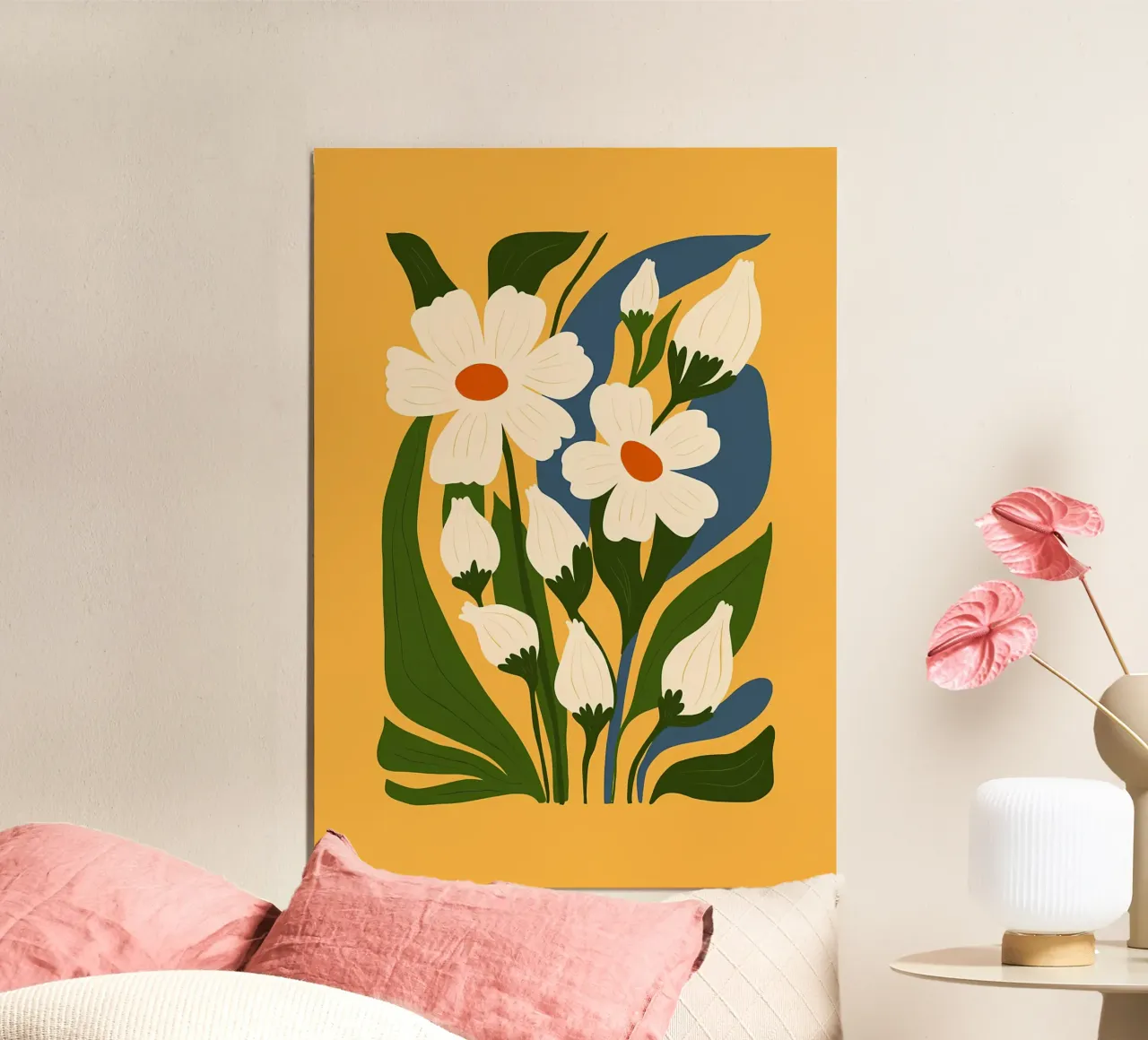 bloemen madeliefjes bloemblaadjes bladeren stengels knoppen natuur botanisch poster met aluminium frame van Ashish Kashyap