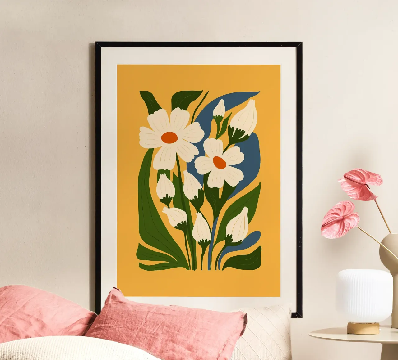 bloemen madeliefjes bloemblaadjes bladeren stengels knoppen natuur botanisch poster met aluminium frame van Ashish Kashyap