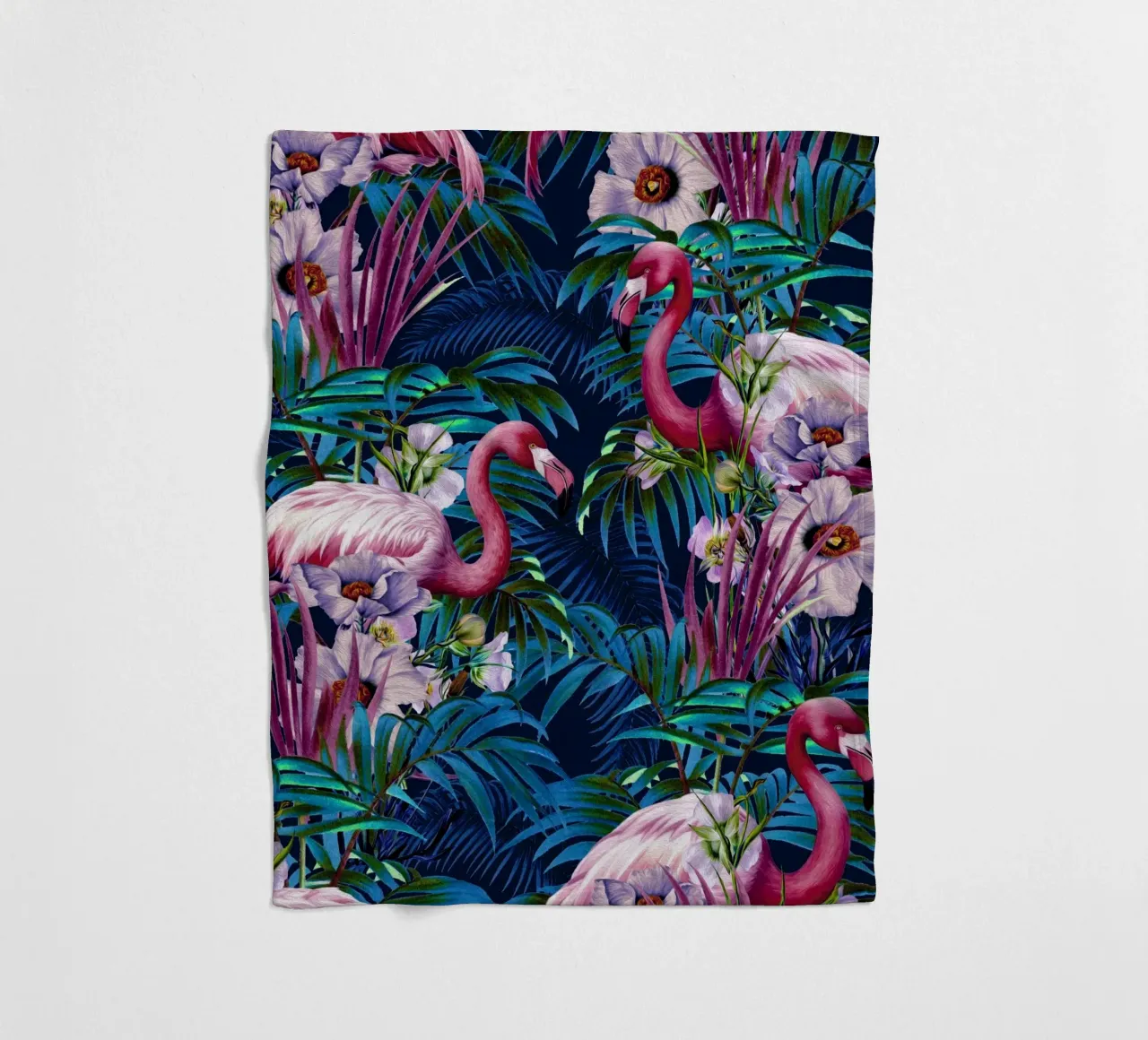 Night Forest Flamingos fleece blanket by burcukorkmazyurek