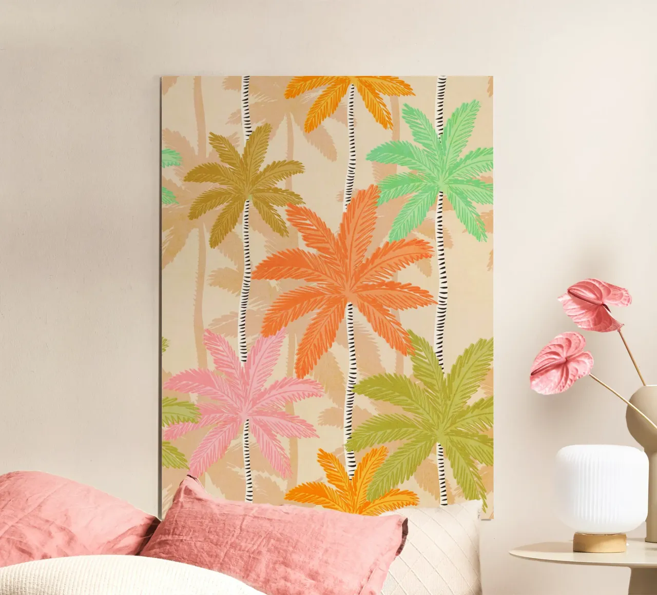 Retro Palm Springs Chic - Palme pastello rosa arancio verde poster con telaio in plastica da Dominique Vari