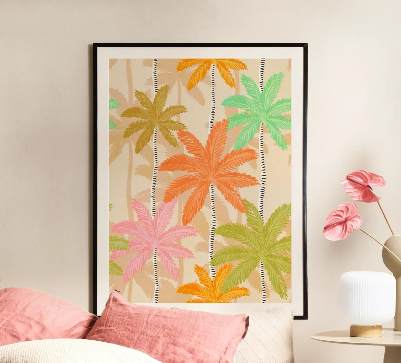 Retro Palm Springs Chic - Palme pastello rosa arancio verde poster con telaio in plastica da Dominique Vari