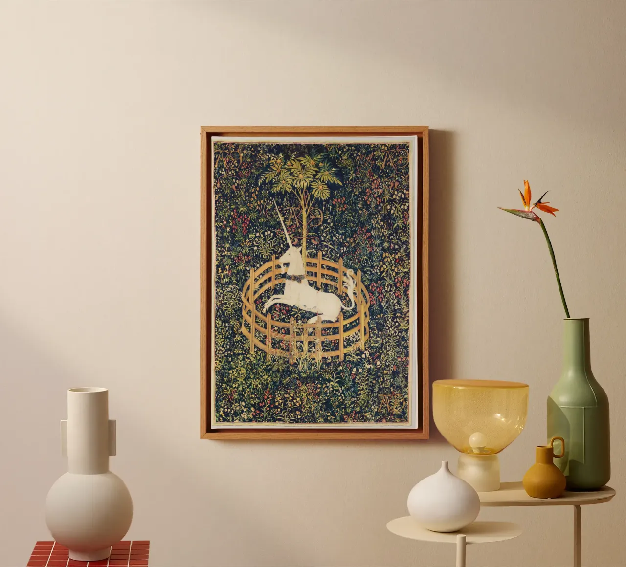 "De eenhoorn in gevangenschap" laat 15e-eeuwse middeleeuwse kunst canvas met Baklijst van Classic Art Prints