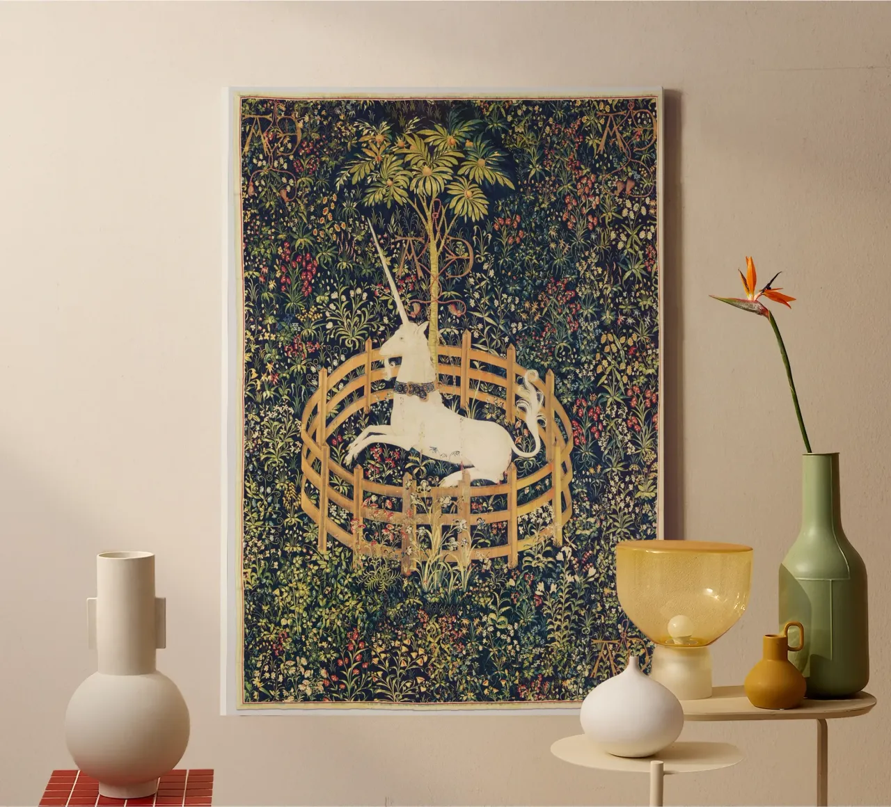 "De eenhoorn in gevangenschap" laat 15e-eeuwse middeleeuwse kunst canvas met Baklijst van Classic Art Prints
