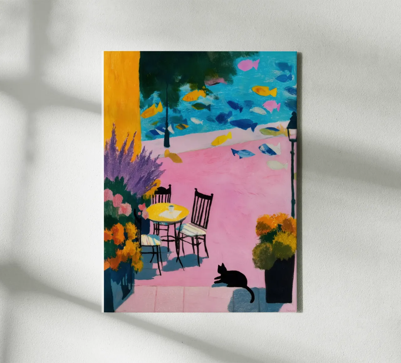 Whimsical Cat & FIsh Café Poster | Cozy, Surreal Art canvas with Floater frame by Kaji