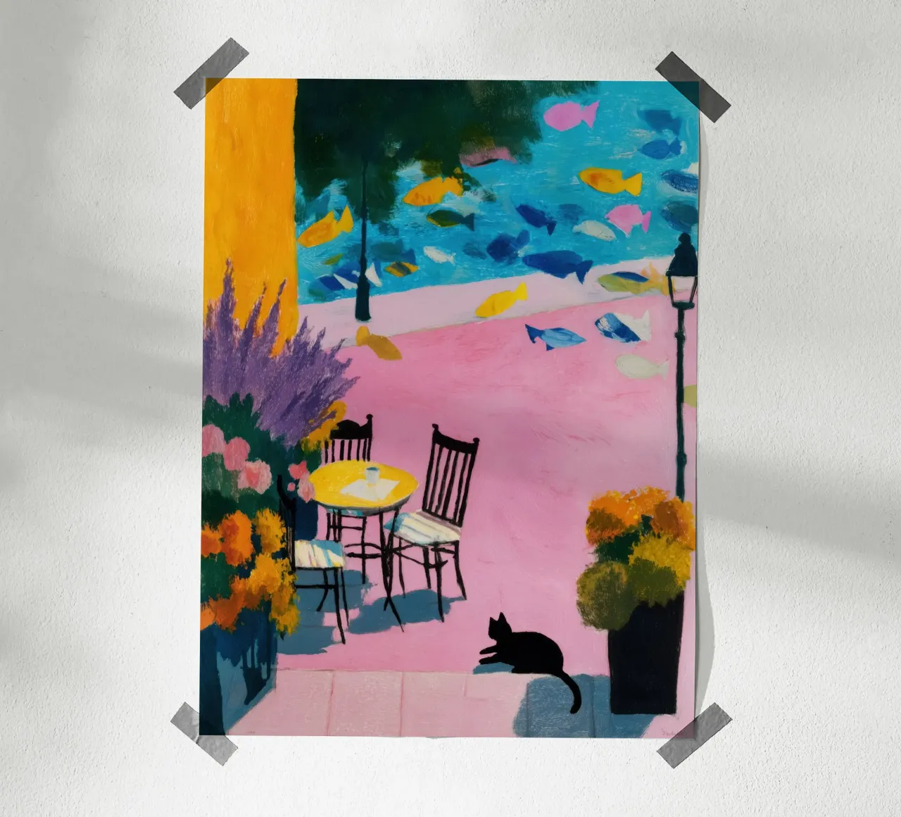 Poster per gatti e caffè di lusso - Arte accogliente e surreale poster con telaio in plastica da Kaji