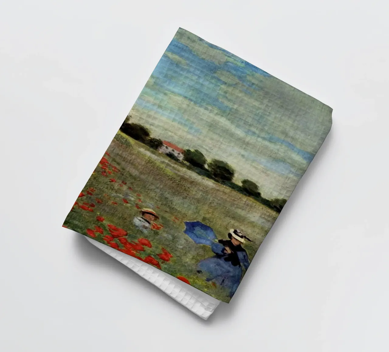 child walking in meadow claude monet tea towel by belong shop