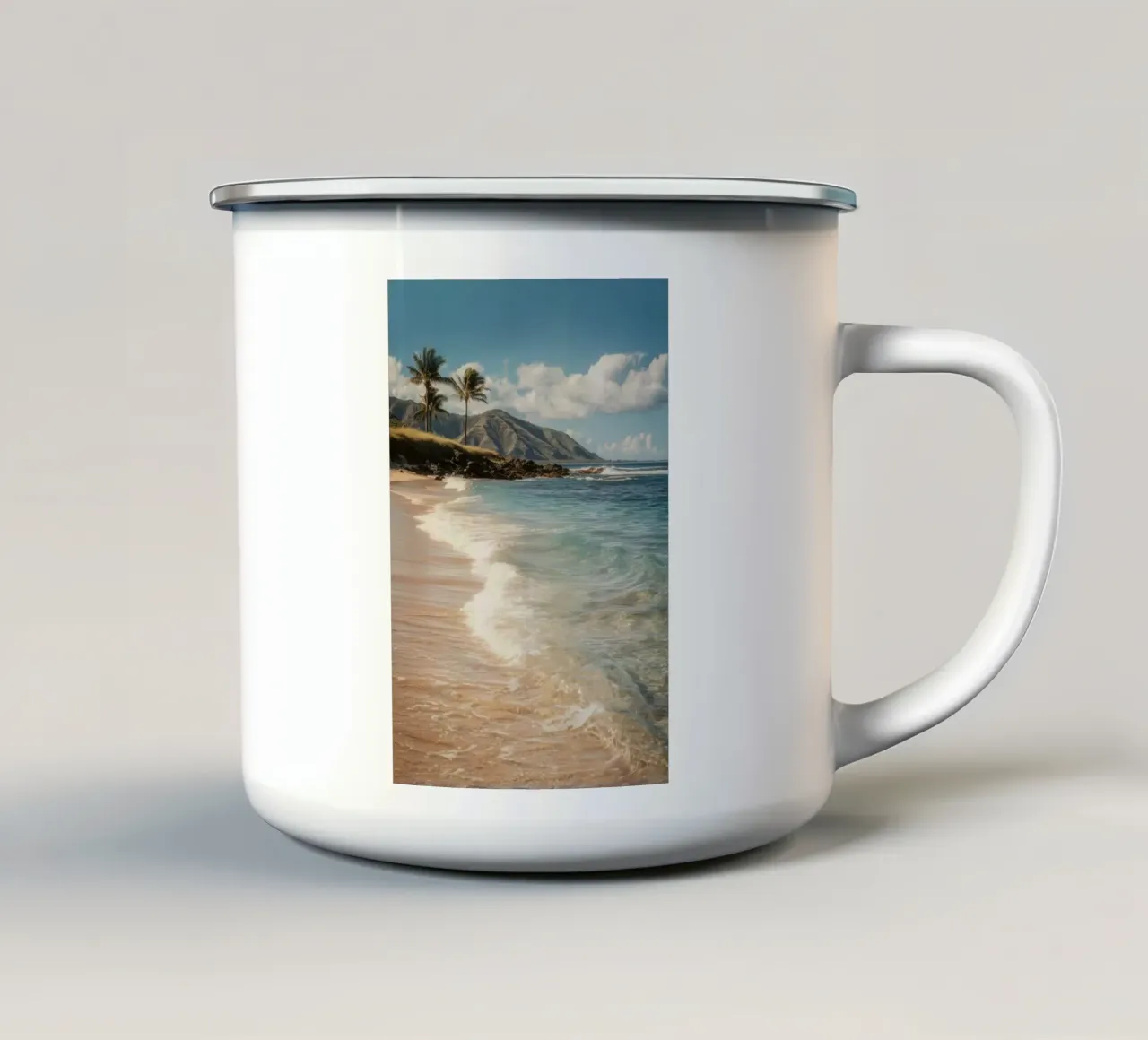 Spiaggia tropicale delle Hawaii con le palme tazza in smalto da Indigo Tides Art
