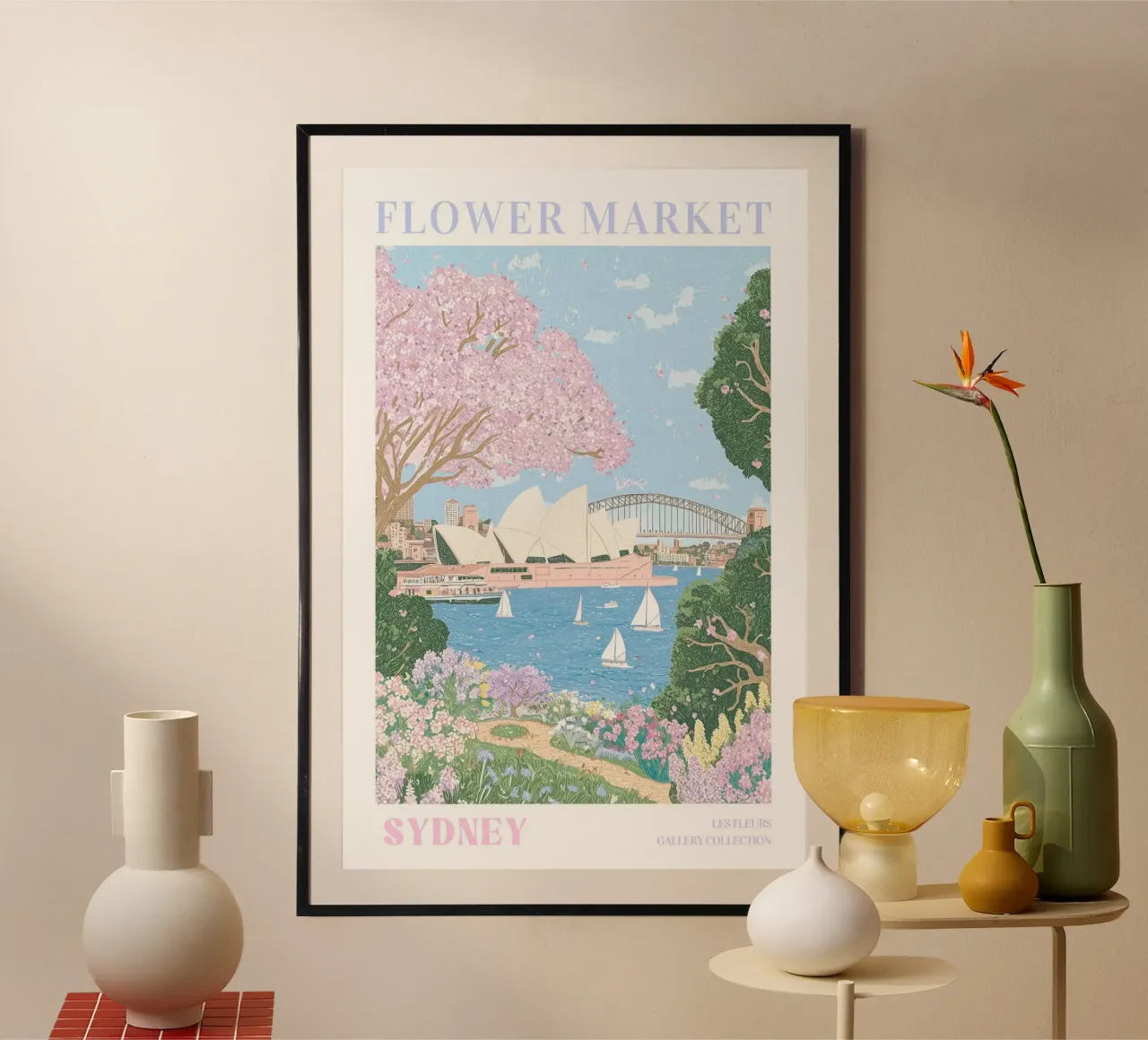 Mercato dei fiori di Sydney, stampa di fiori, illustrazione di viaggio poster con telaio in alluminio da Gaia