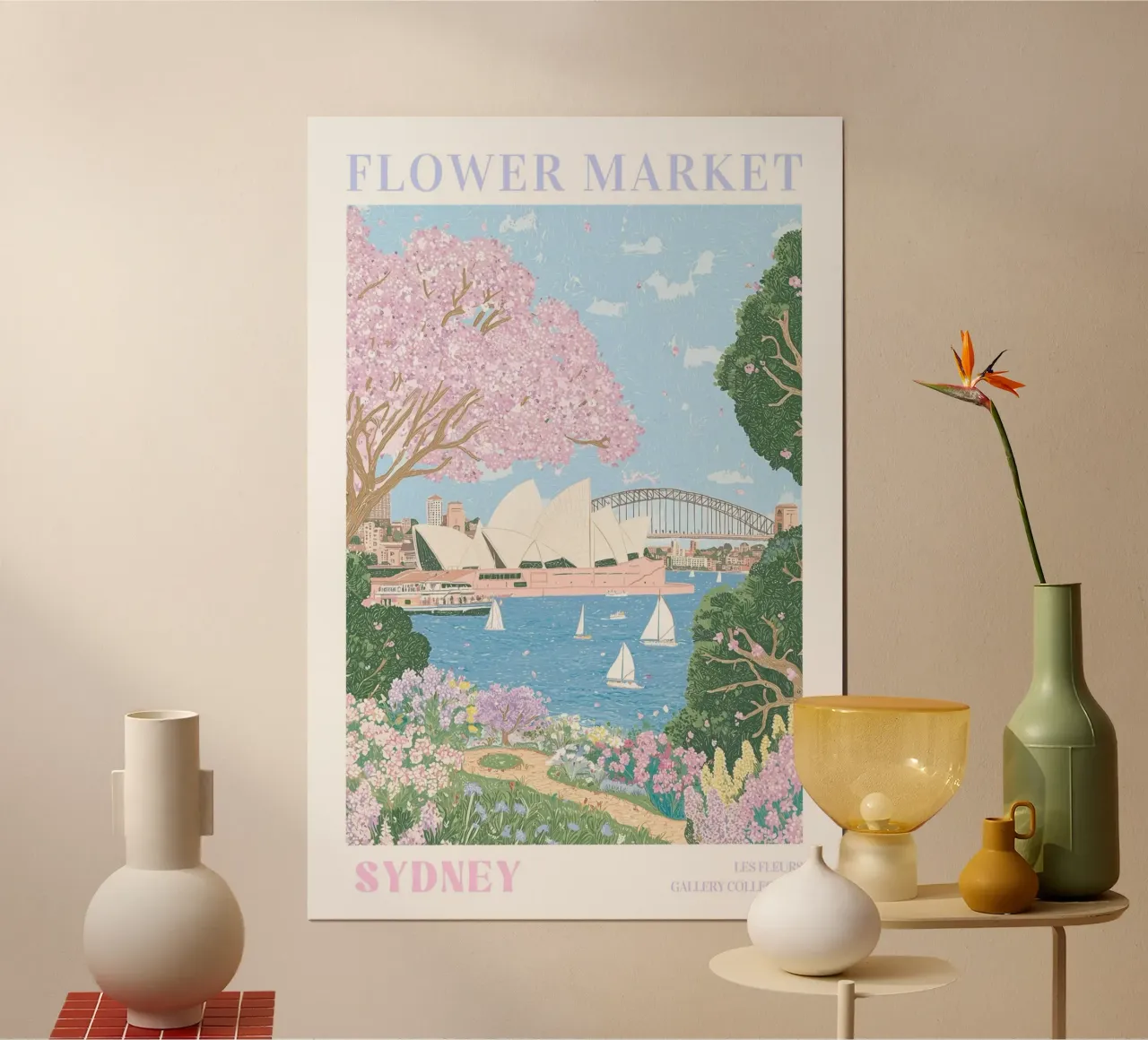 Mercato dei fiori di Sydney, stampa di fiori, illustrazione di viaggio poster con telaio in alluminio da Gaia
