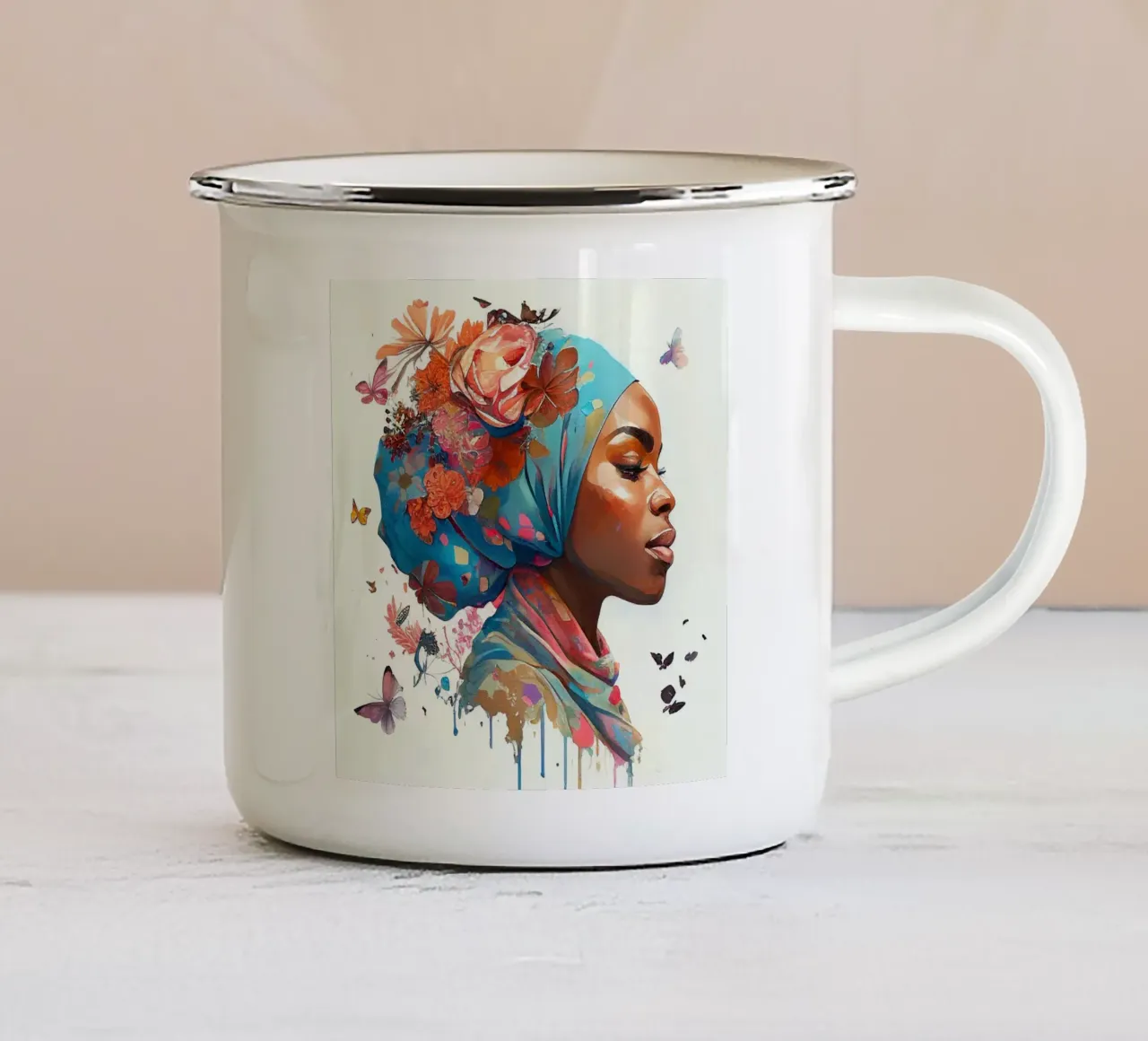 Acquerello floreale donna musulmana africana tazza in smalto da Chromatic Fusion Studio