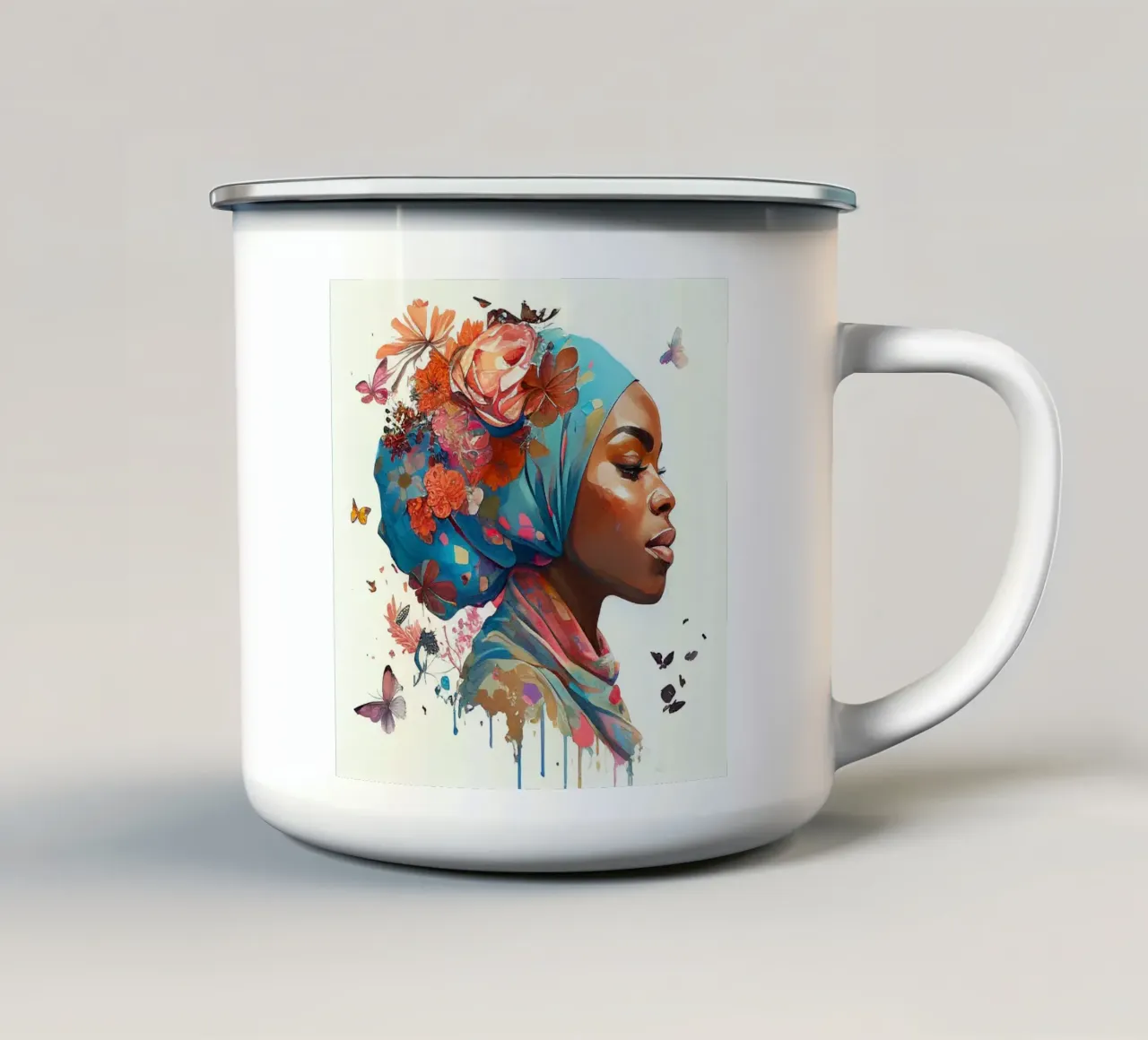 Acquerello floreale donna musulmana africana tazza in smalto da Chromatic Fusion Studio
