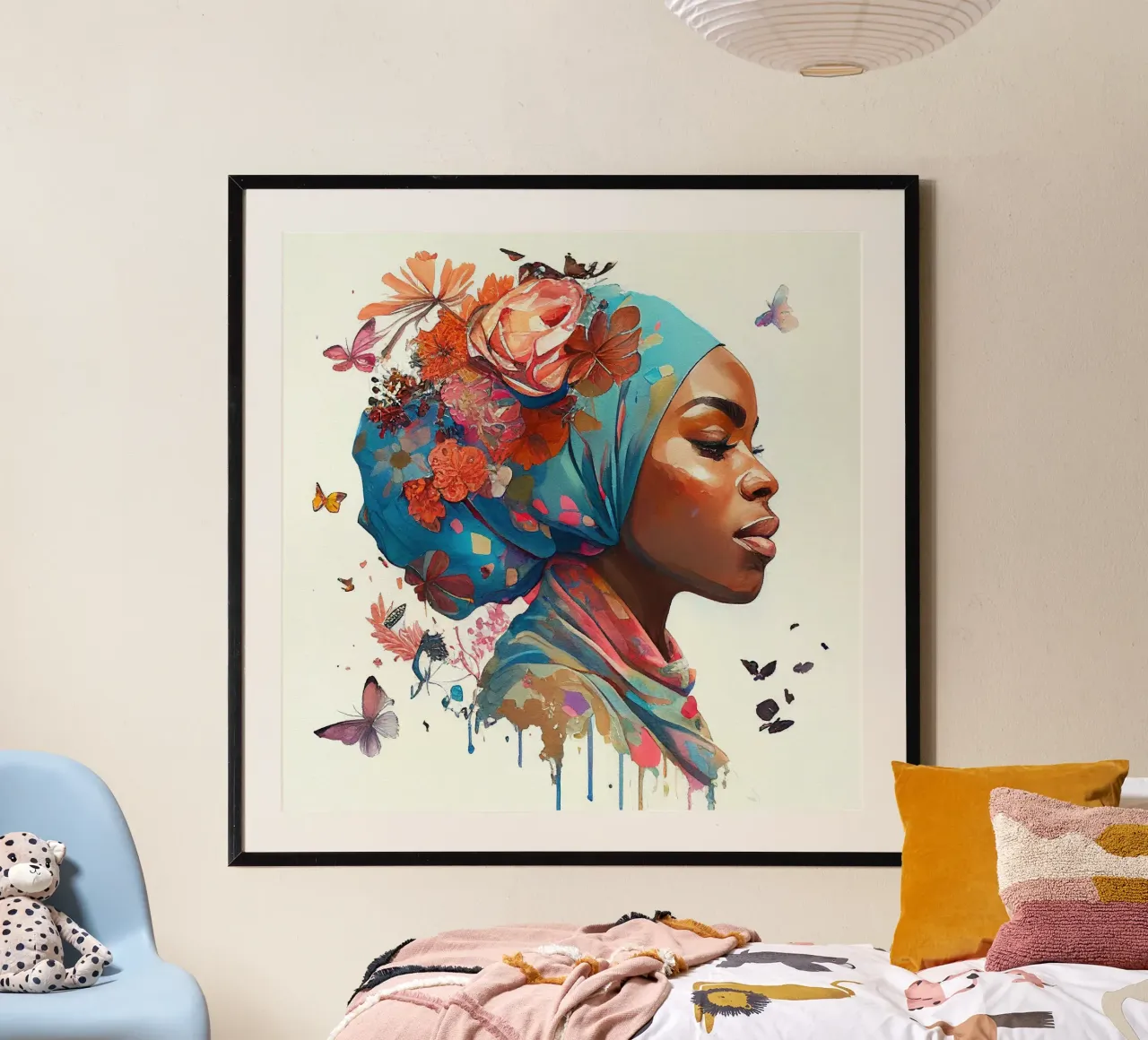 Acquerello floreale donna musulmana africana poster con telaio in alluminio da Chromatic Fusion Studio