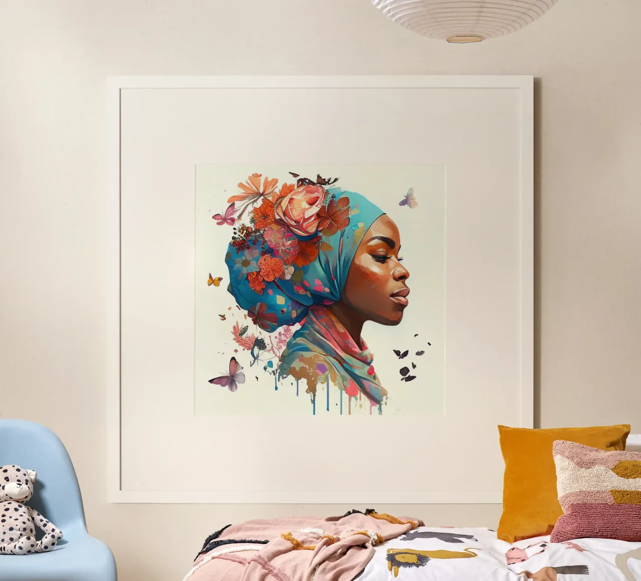 Acquerello floreale donna musulmana africana poster con telaio in alluminio da Chromatic Fusion Studio