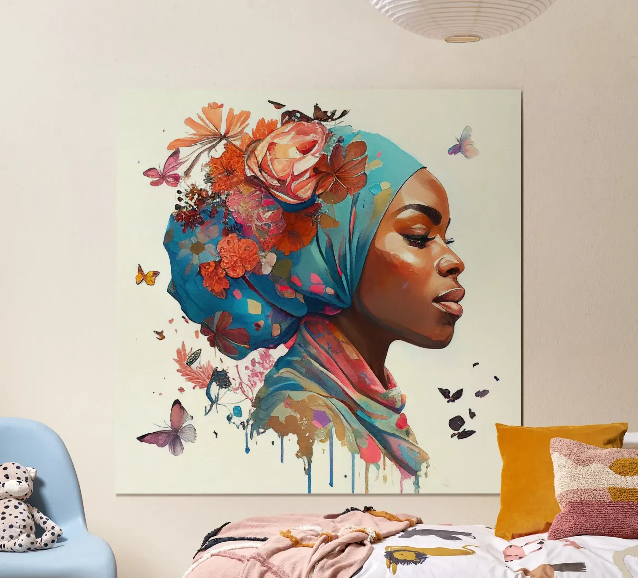 Acquerello floreale donna musulmana africana poster con telaio in alluminio da Chromatic Fusion Studio