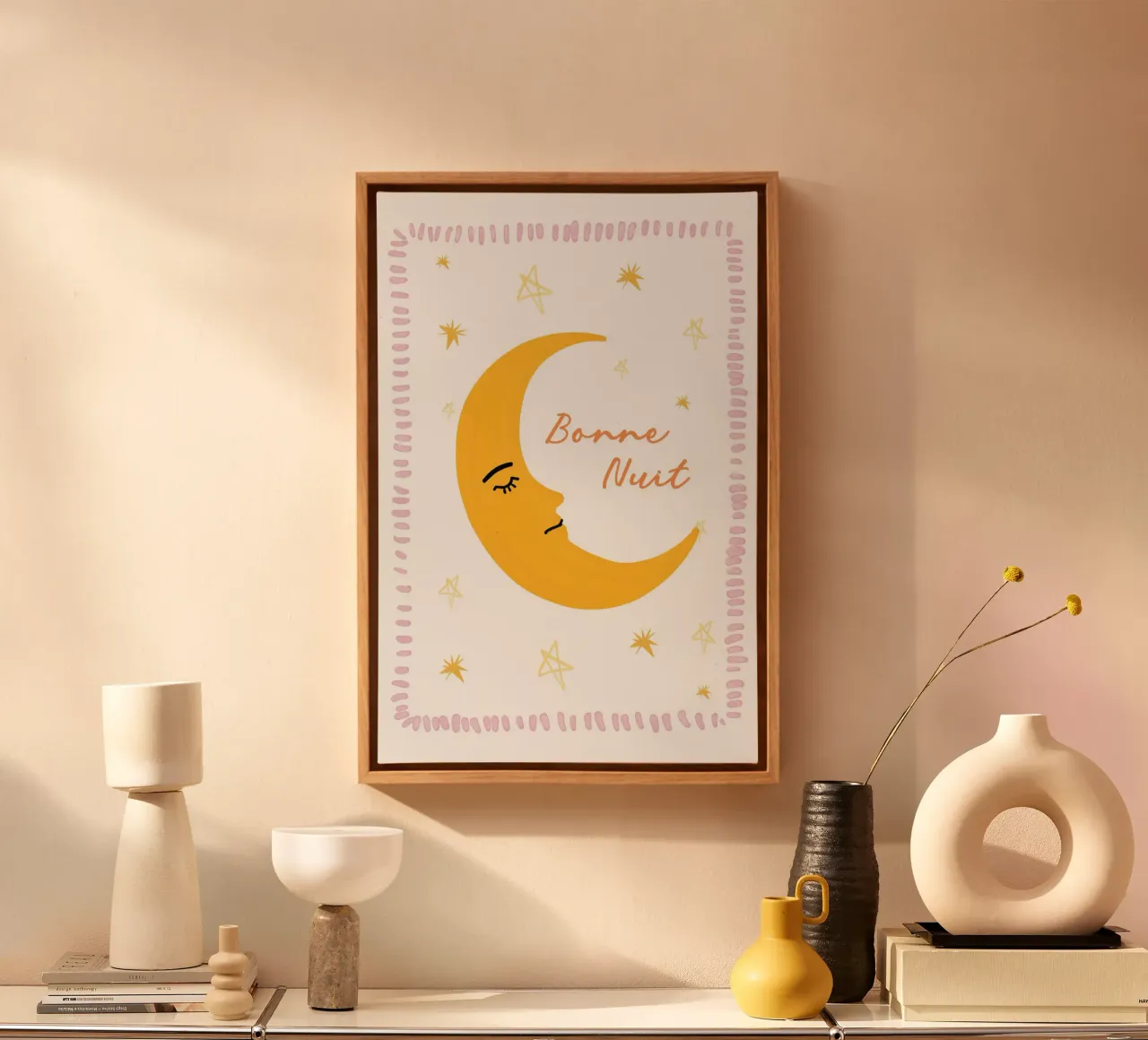 Bonne Nuit, Moon Nursery Print, Celestial Playroom Art canvas with Floater frame by Little Lola