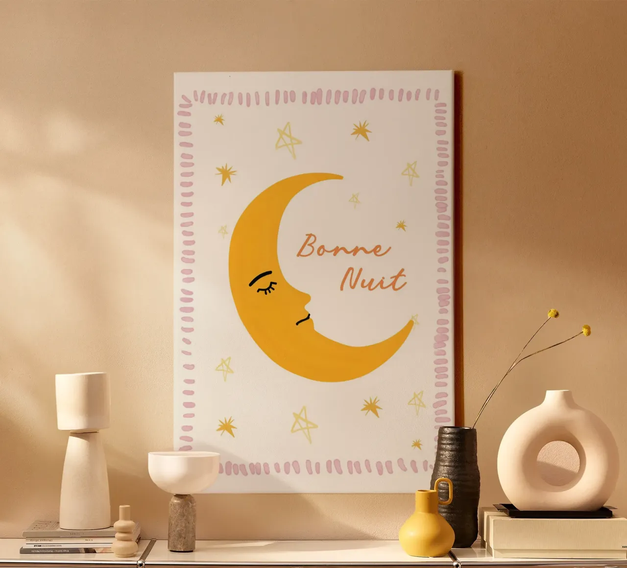 Bonne Nuit, Moon Nursery Print, Celestial Playroom Art canvas with Floater frame by Little Lola