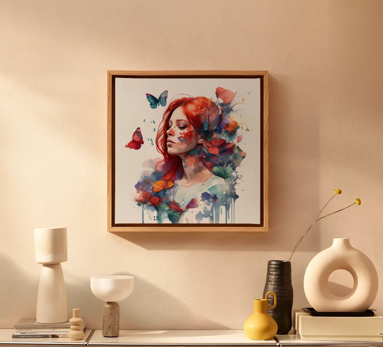 Aquarel Bloemen Rood Haar Vrouw canvas met Baklijst van Chromatic Fusion Studio