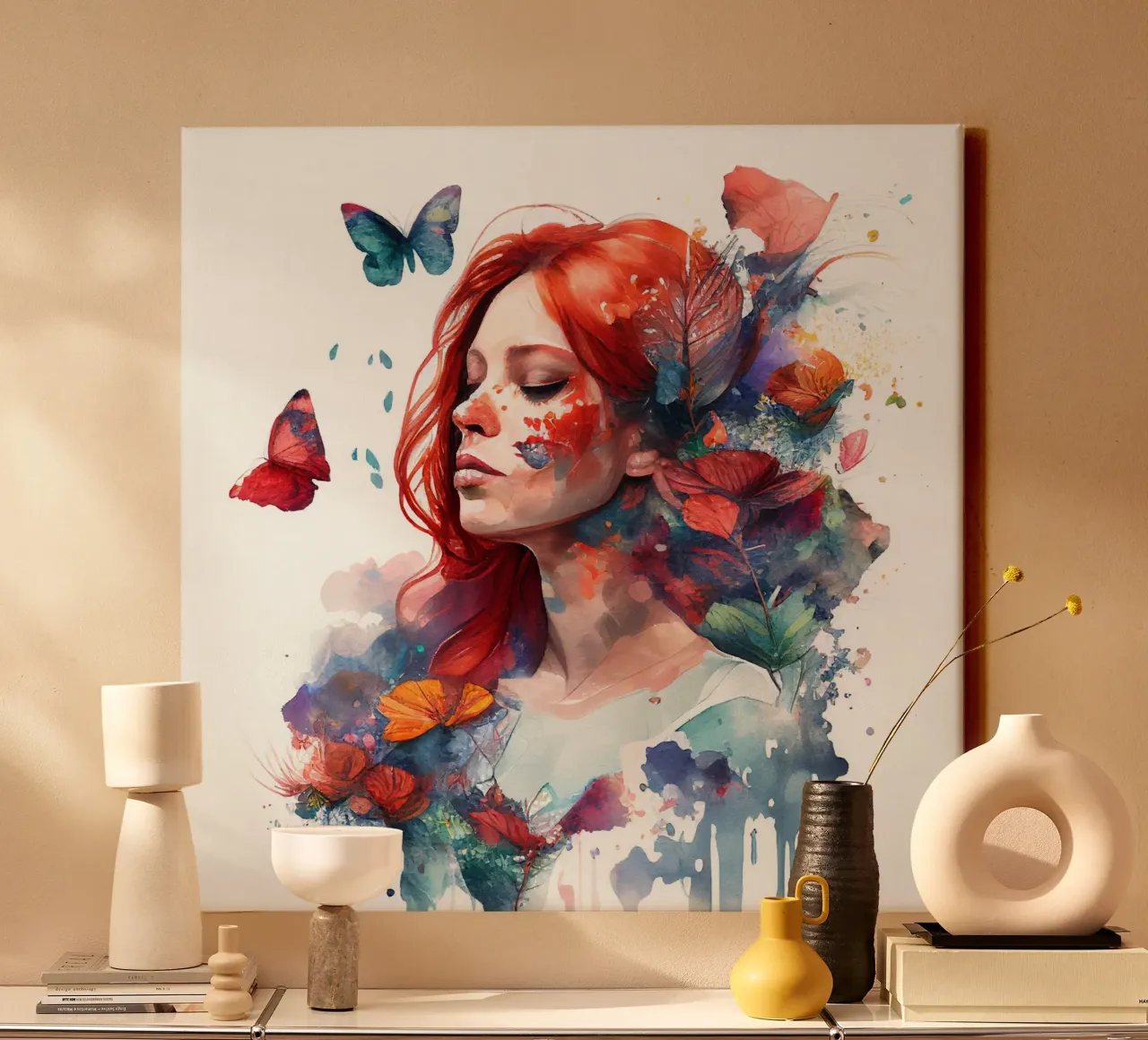 Aquarel Bloemen Rood Haar Vrouw canvas met Baklijst van Chromatic Fusion Studio