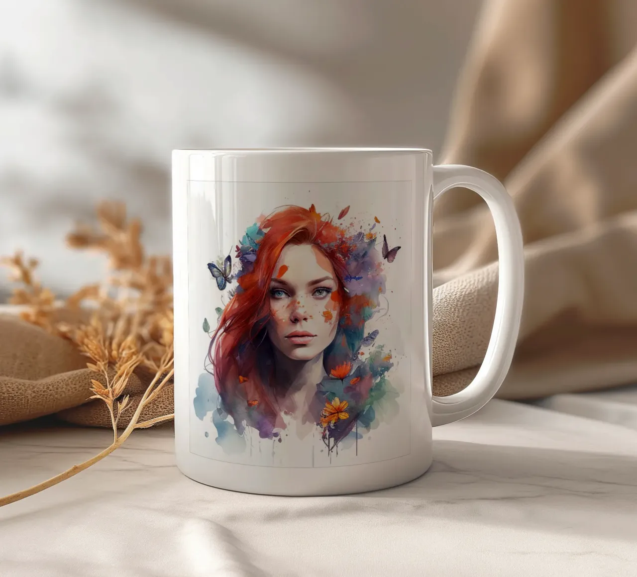 Acquerello floreale capelli rossi donna tazza in ceramica da Chromatic Fusion Studio