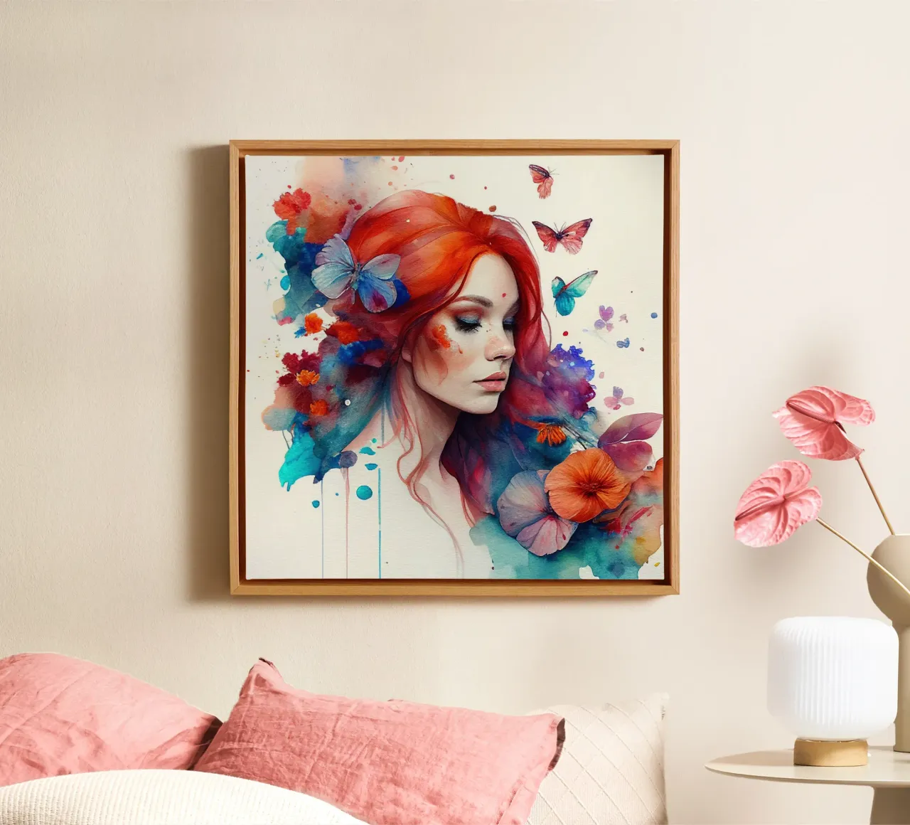 Aquarel Bloemen Rood Haar Vrouw canvas met Baklijst van Chromatic Fusion Studio