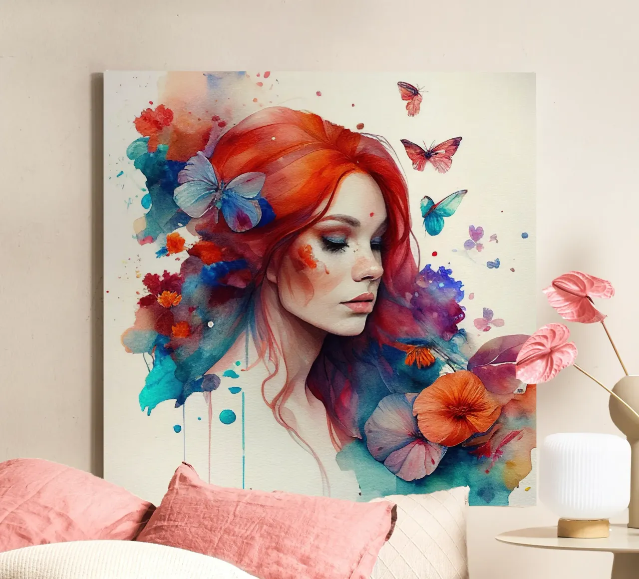 Aquarel Bloemen Rood Haar Vrouw canvas met Baklijst van Chromatic Fusion Studio
