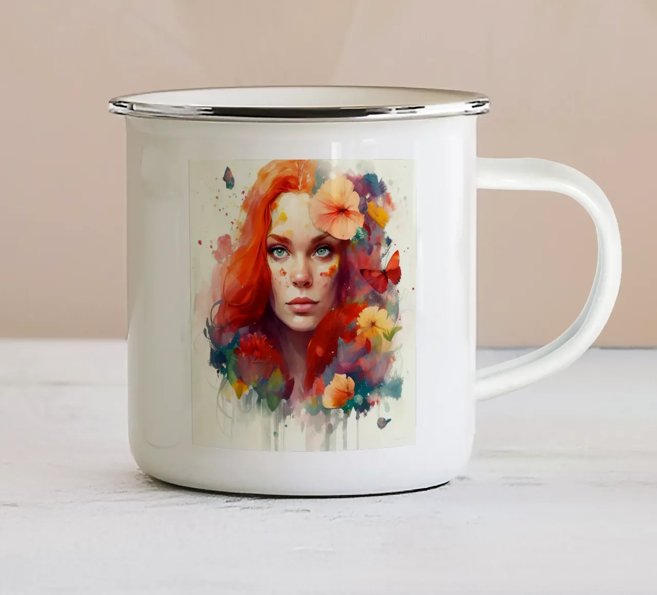 Acquerello floreale capelli rossi donna tazza in smalto da Chromatic Fusion Studio