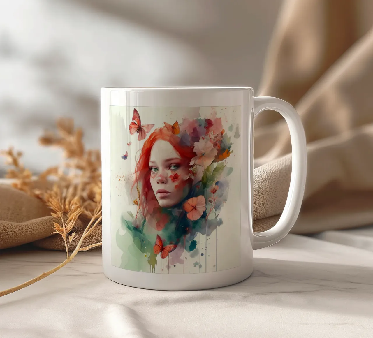 Acquerello floreale capelli rossi donna tazza in ceramica da Chromatic Fusion Studio