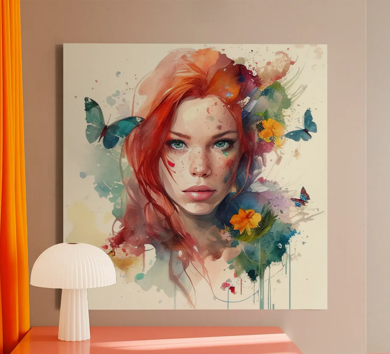 Aquarel Bloemen Rood Haar Vrouw canvas met Baklijst van Chromatic Fusion Studio