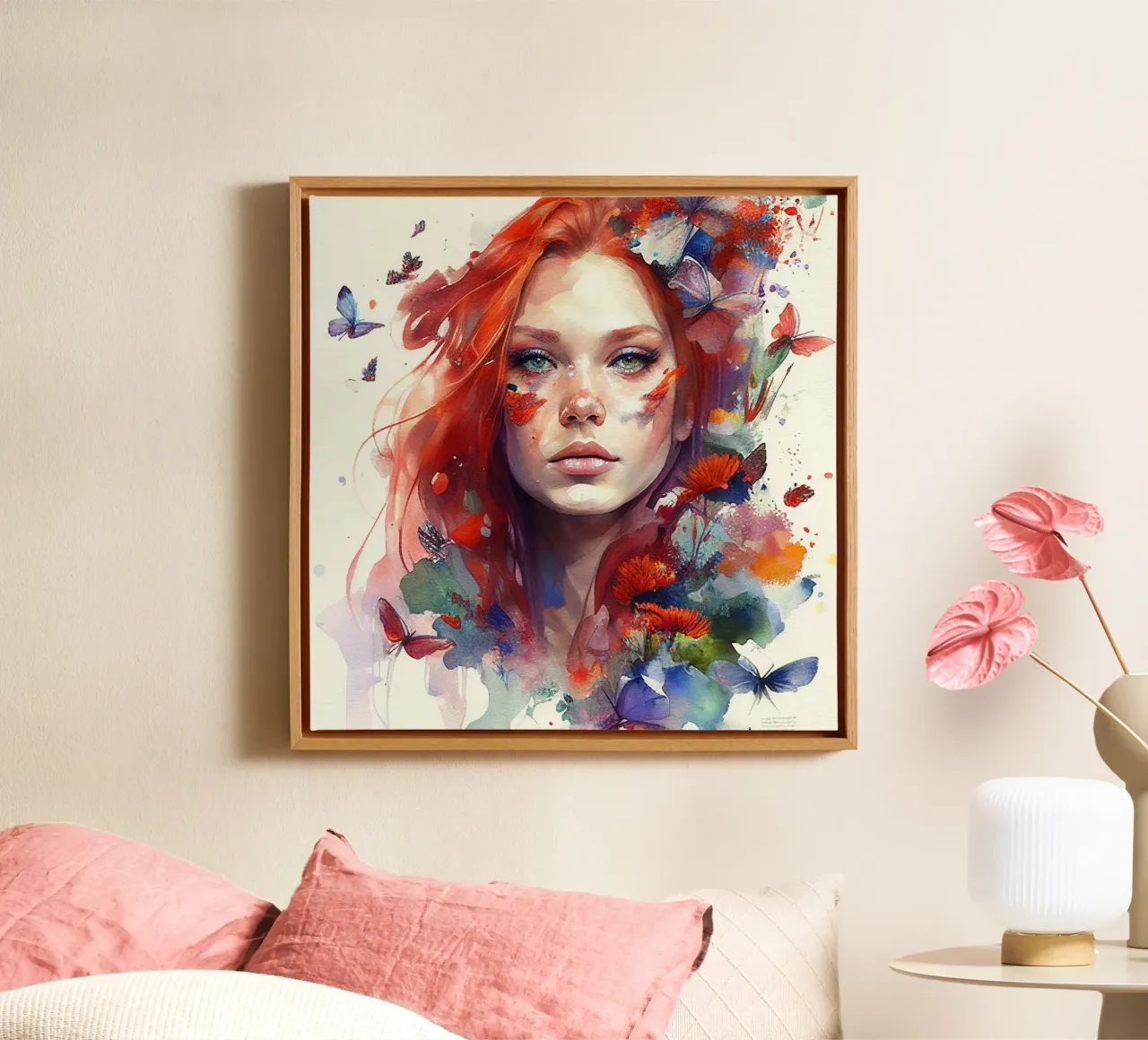 Aquarel Bloemen Rood Haar Vrouw canvas met Baklijst van Chromatic Fusion Studio