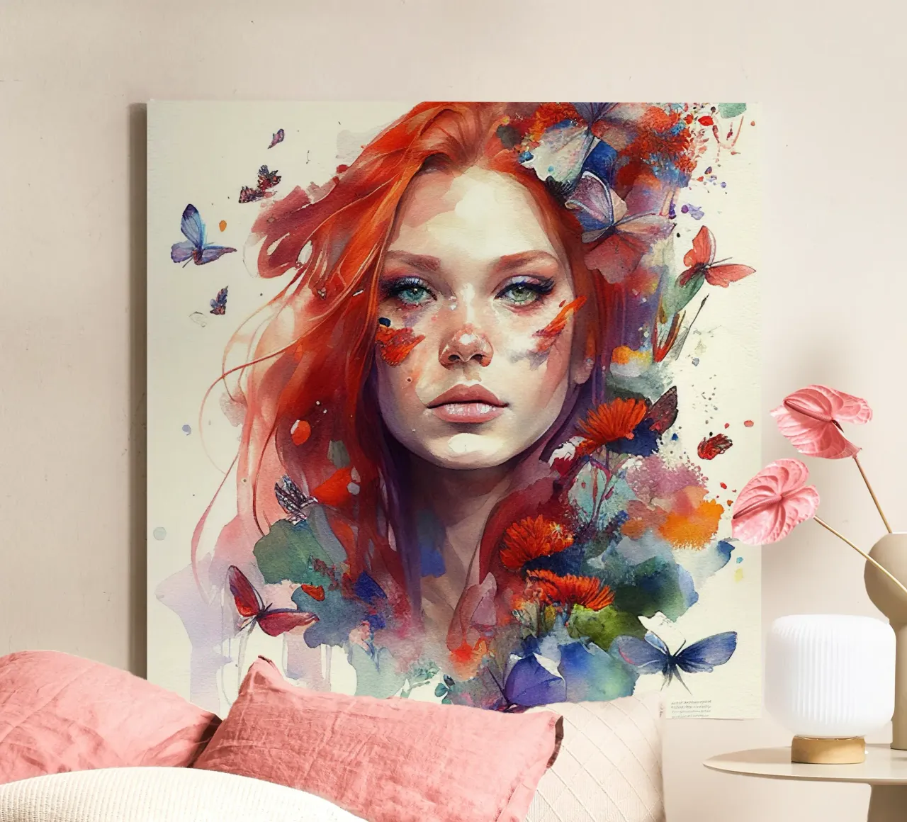 Aquarel Bloemen Rood Haar Vrouw canvas met Baklijst van Chromatic Fusion Studio