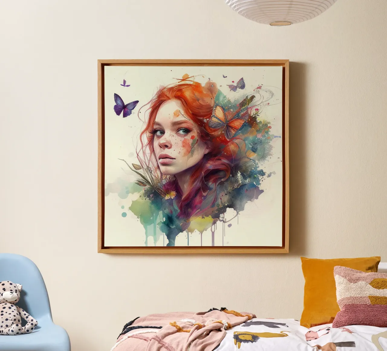 Aquarel Bloemen Rood Haar Vrouw canvas met Baklijst van Chromatic Fusion Studio