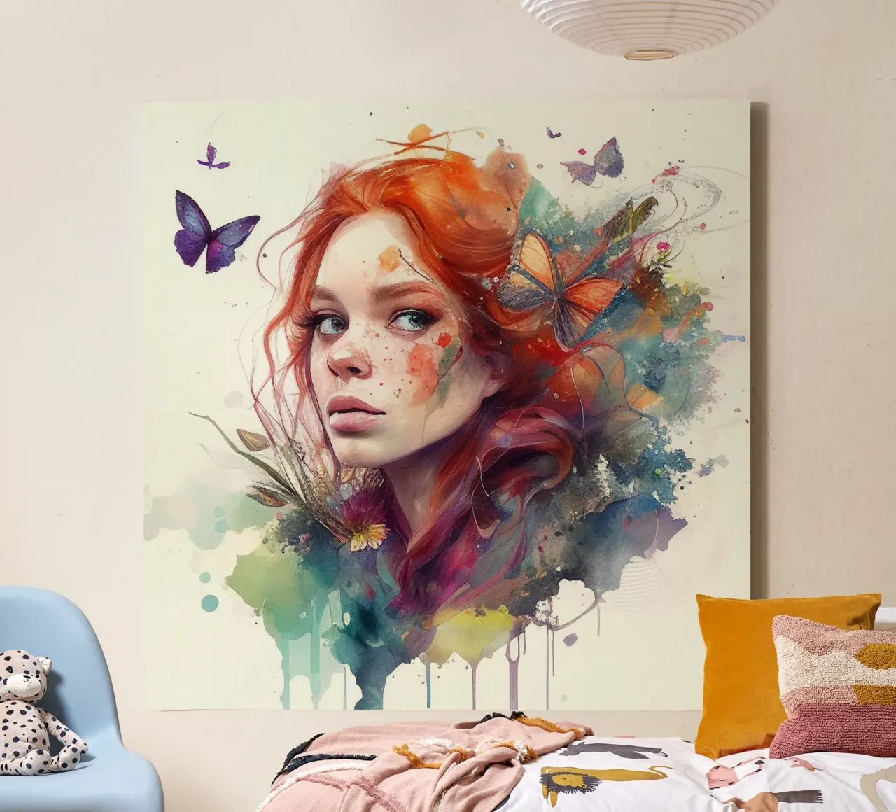 Aquarel Bloemen Rood Haar Vrouw canvas met Baklijst van Chromatic Fusion Studio