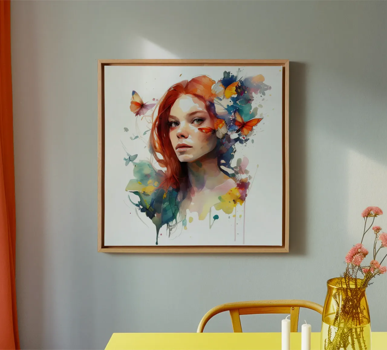 Aquarel Bloemen Rood Haar Vrouw canvas met Baklijst van Chromatic Fusion Studio