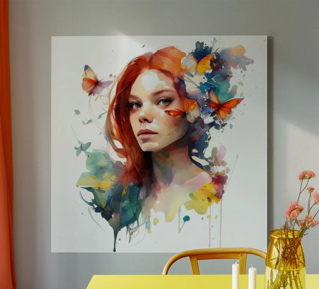 Aquarel Bloemen Rood Haar Vrouw canvas met Baklijst van Chromatic Fusion Studio