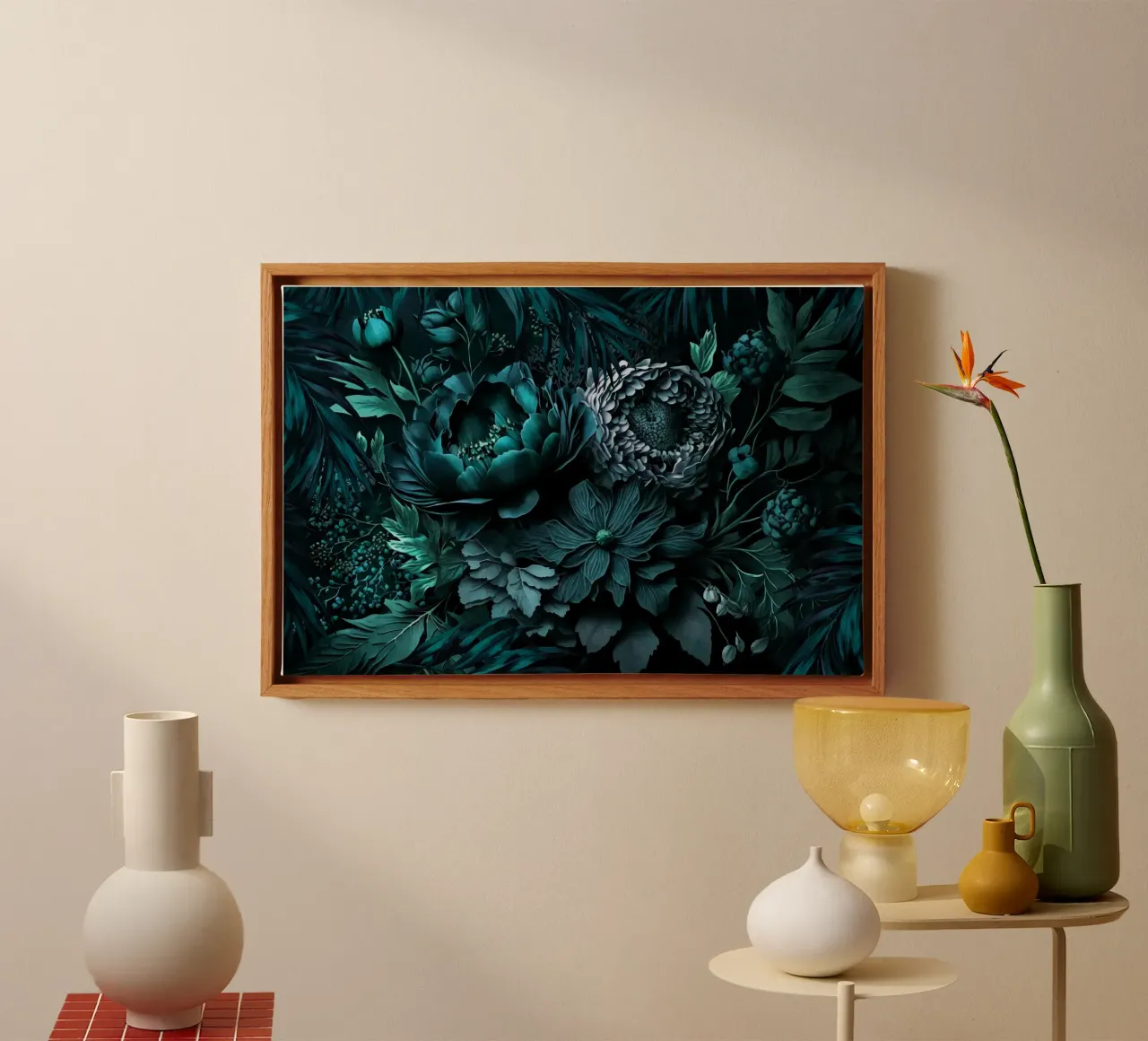 Turquesa Renacimiento Vibes Moody Opulent Flores lienzo con Marco flotante de Andrea Haase Floral Passion
