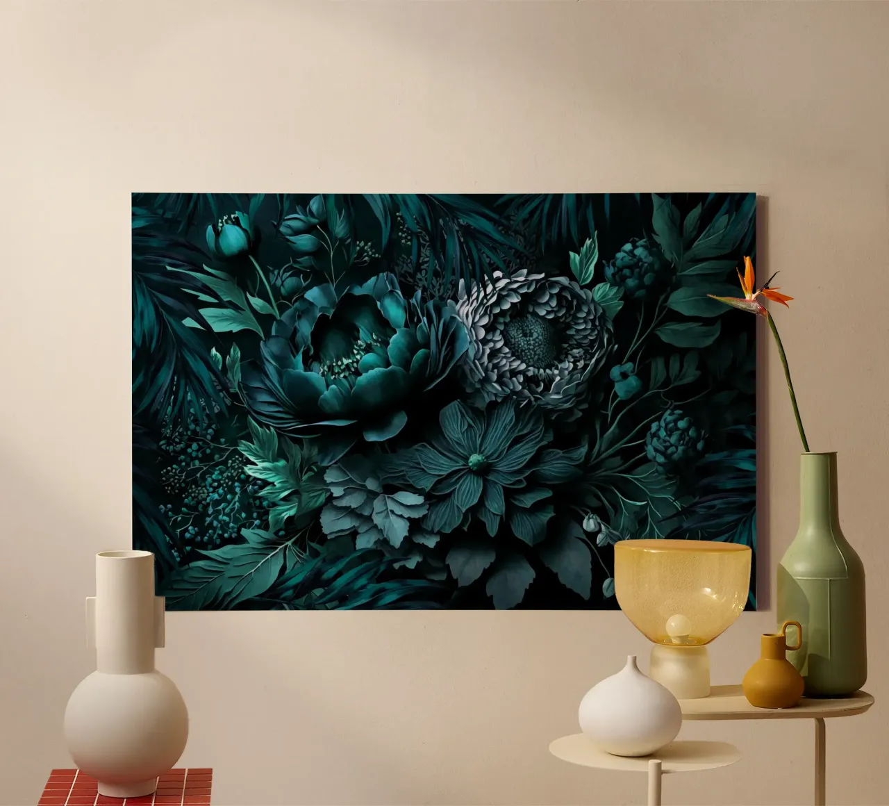 Turquesa Renacimiento Vibes Moody Opulent Flores lienzo con Marco flotante de Andrea Haase Floral Passion