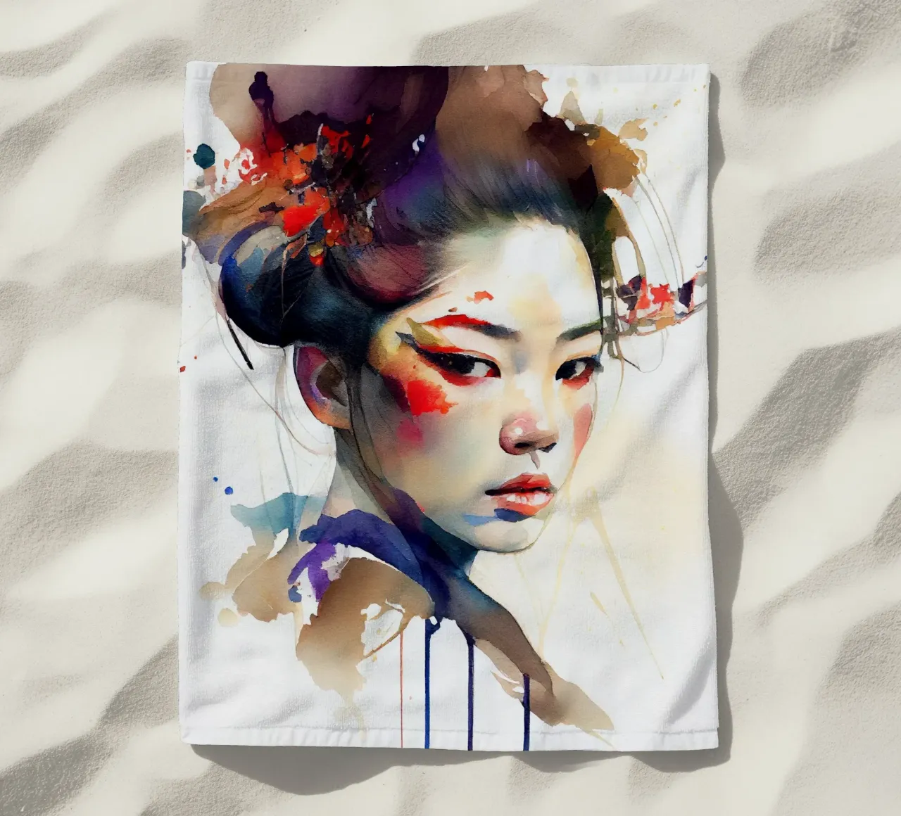 Geisha moderna ad acquerello telo mare da Chromatic Fusion Studio