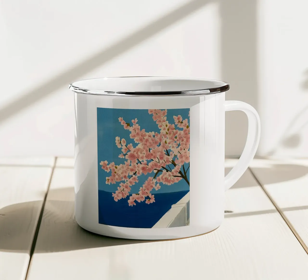 Vue sur Santorin mug en émail de Curious Canvas